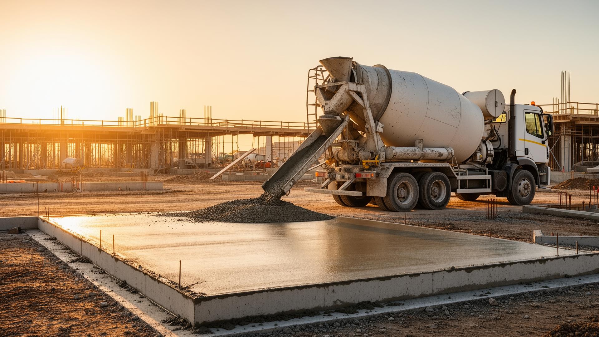 Concrete truck pouring concrete at a construction site